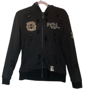 JackRose Y2K Distressed Patched Black‎ Full Zip Hoodie Grunge Vintage Japanese